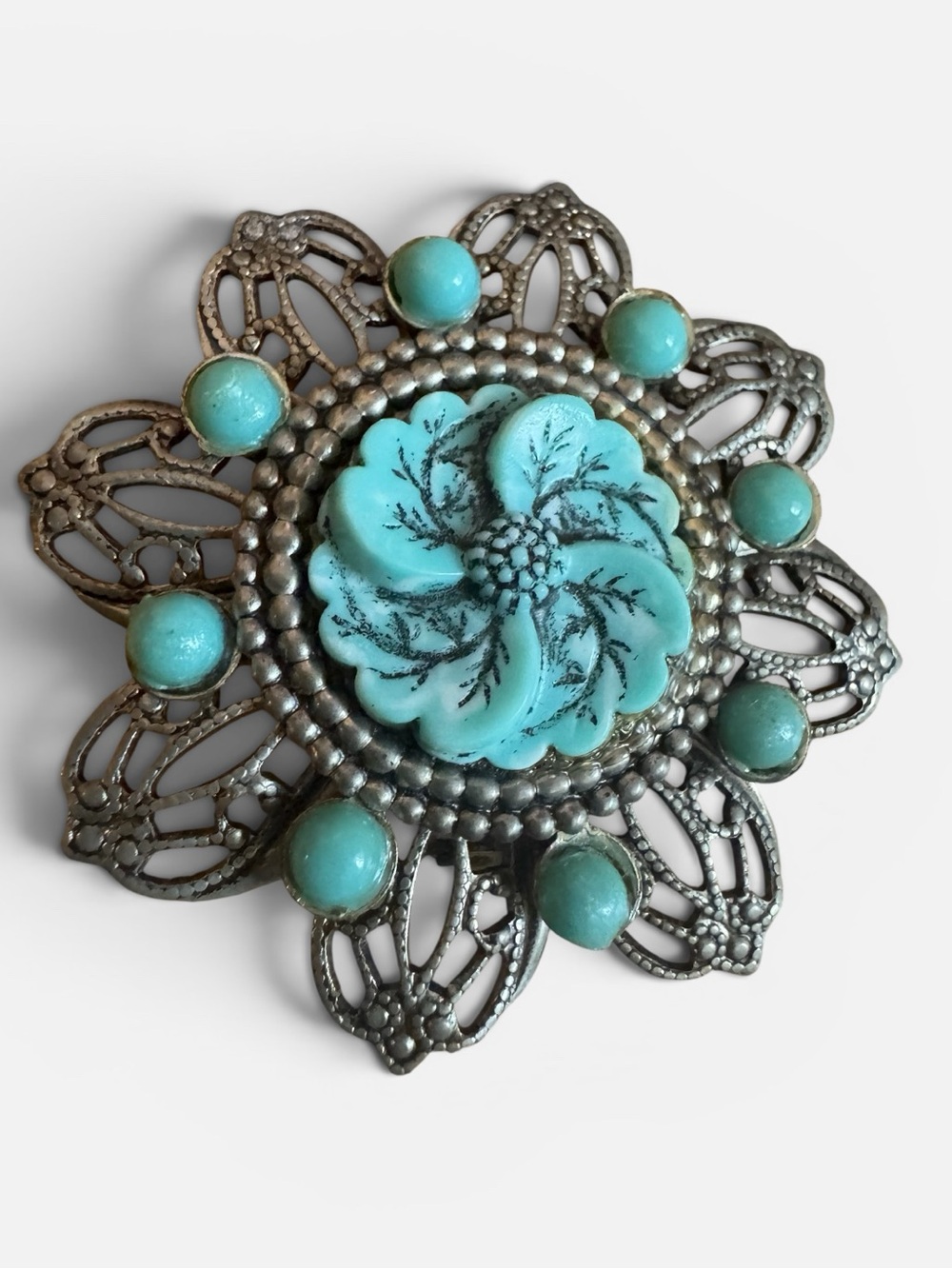đŠśVintage 60âs Turquoise Floral Filigree Silver Tone Brooch Pin
